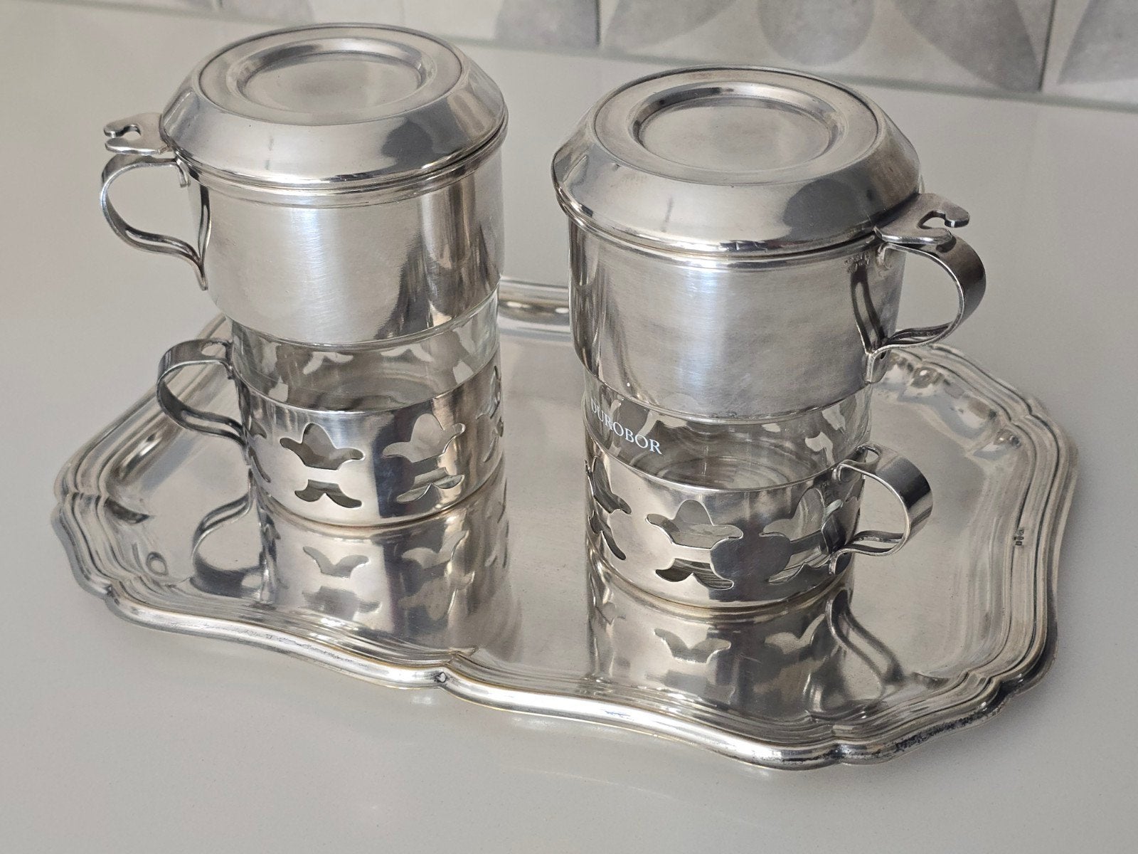 Antieke set van 2 verzilverde Slow Drippers Durobor + dienbl, Ophalen of Verzenden