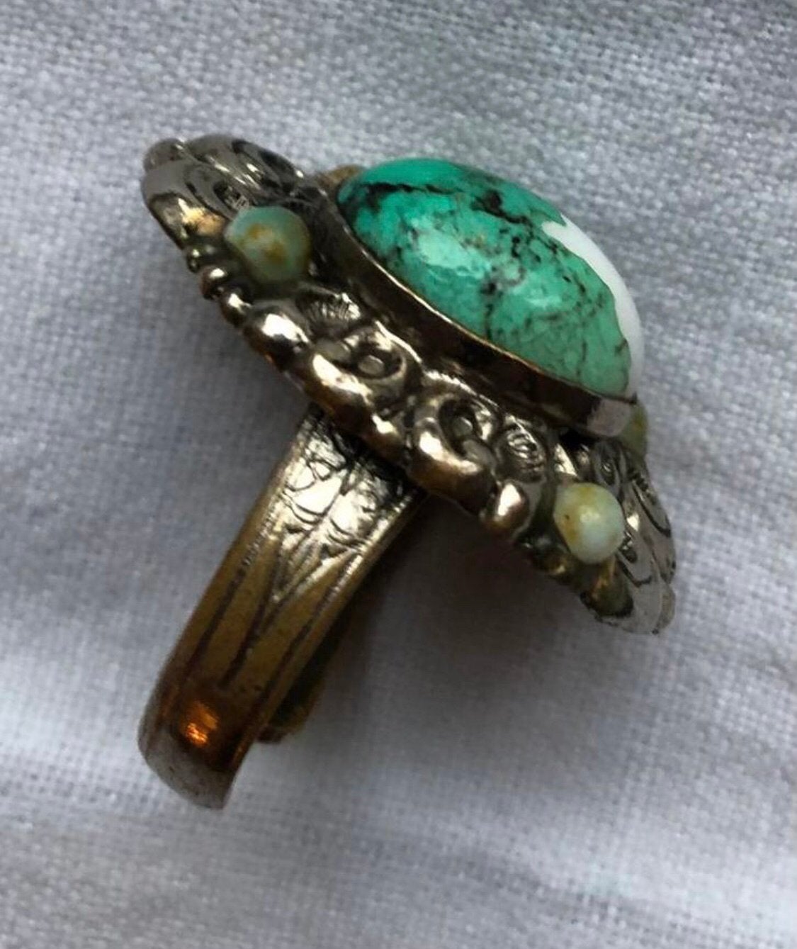 Vintage ring met Turquoise edelsteen, Sieraden, Tassen en Uiterlijk, Ringen, 18 tot 19, Overige kleuren, IJzer of Staal, Ophalen of Verzenden