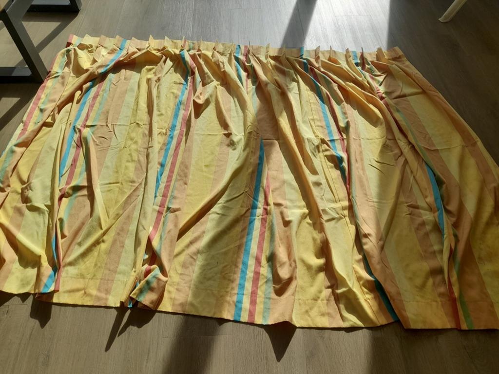 Gestreepte gordijnen geel, oranje, blauw, Gestreepte, vrolijke stijl, Gebruikt, Blauw, 150 tot 200 cm