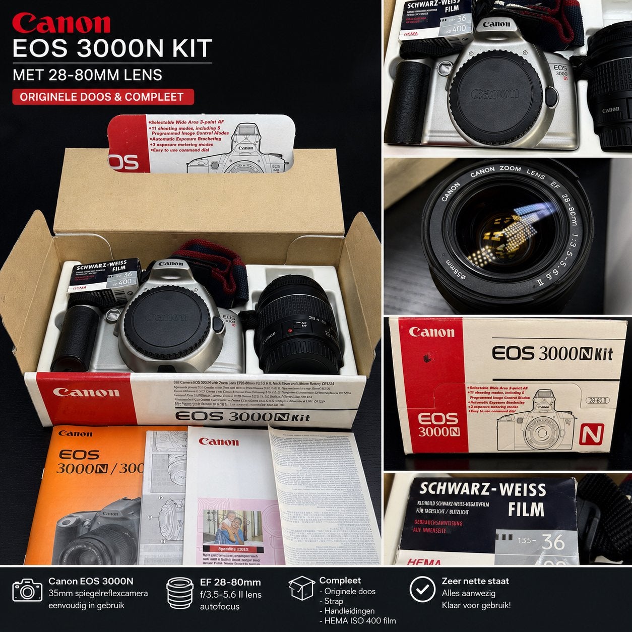 Canon EOS 3000N Analoge Spiegelreflexcamera Kit - Compleet, Spiegelreflex, Canon, Ophalen of Verzenden, Zo goed als nieuw