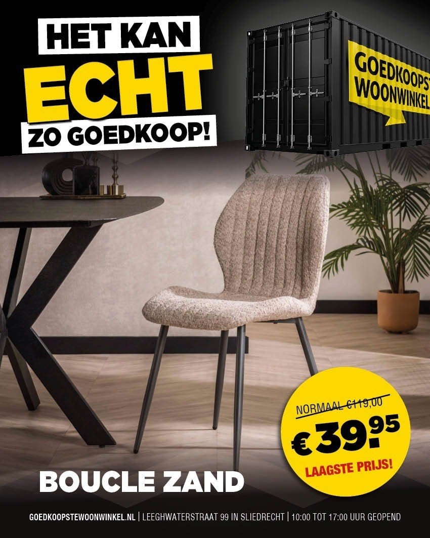 Eetkamerstoel Boucle Zand - Van €129 nu €39,95, Ophalen, Overige kleuren, Nieuw, Metaal