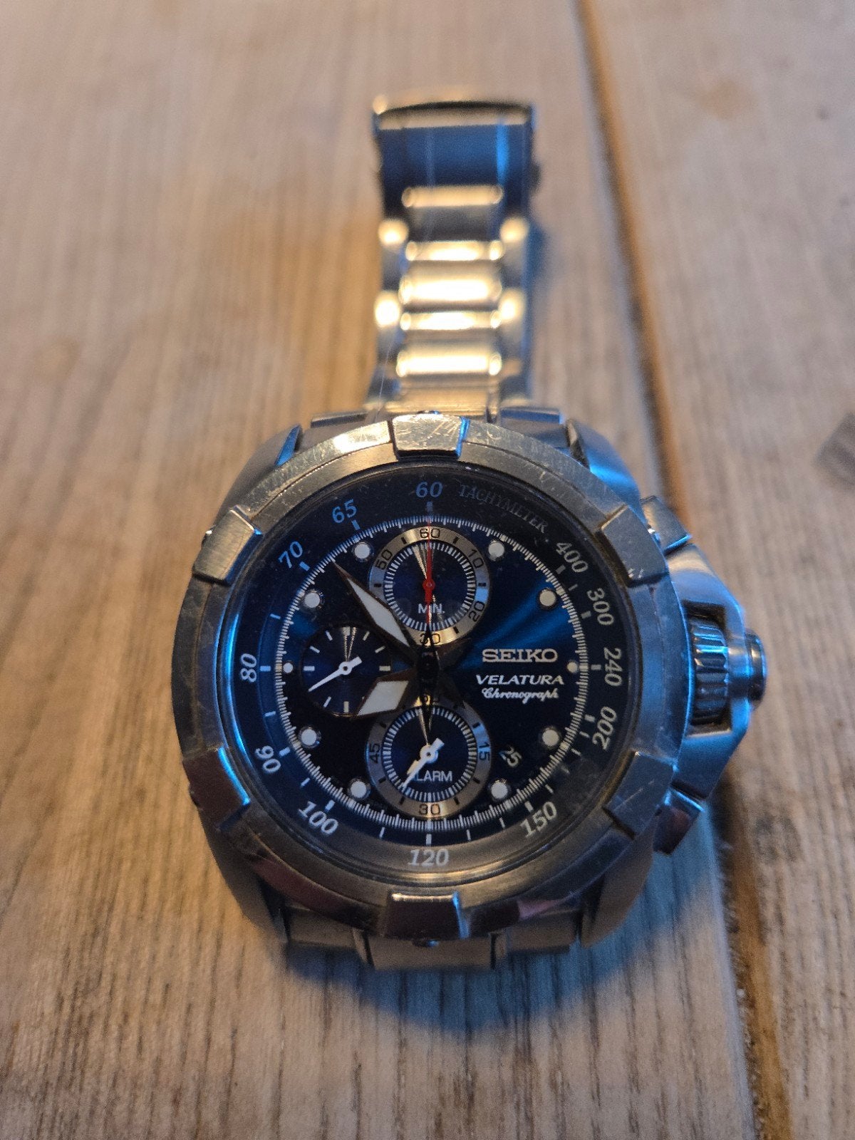 Seiko Velatura Chronograaf met Blauwe Wijzerplaat, Gebruikt, Staal, Polshorloge, Ophalen of Verzenden