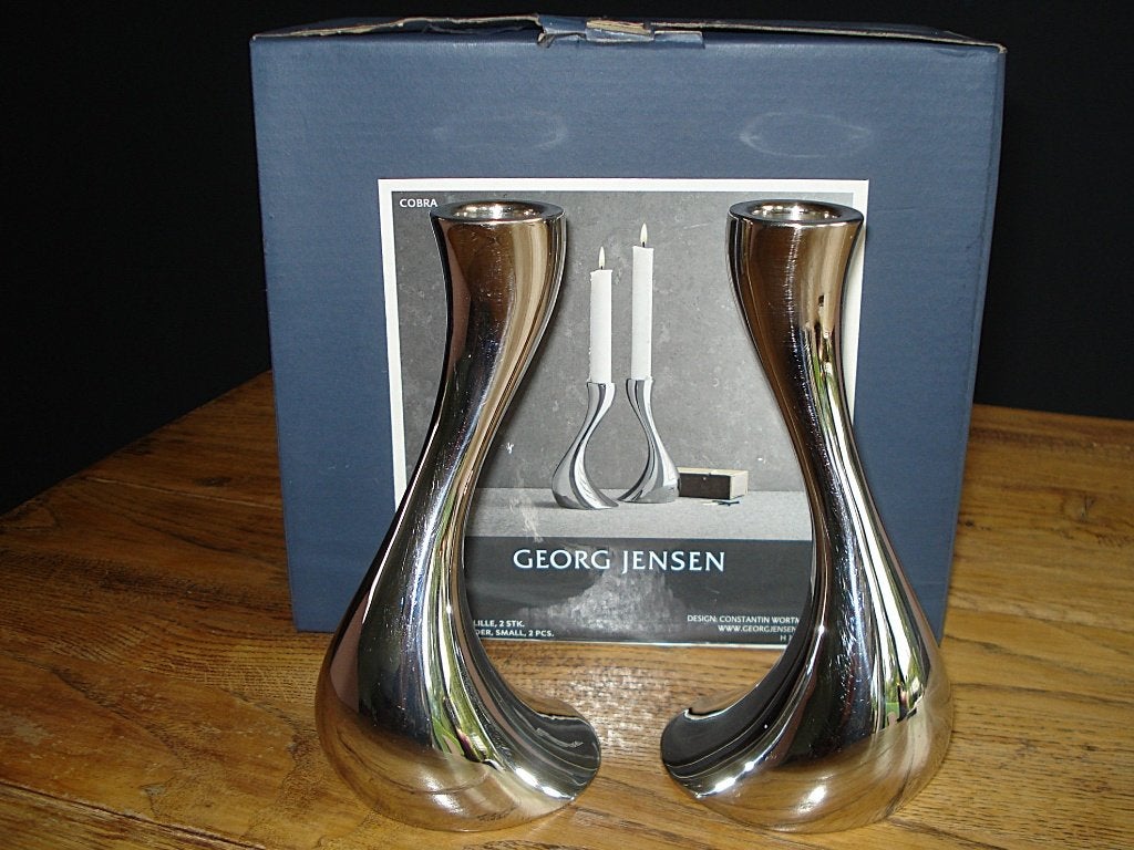 Georg Jensen RVS Cobra kandelaars - H 160 mm, Overige merken, Ophalen of Verzenden, Zo goed als nieuw, Metaal