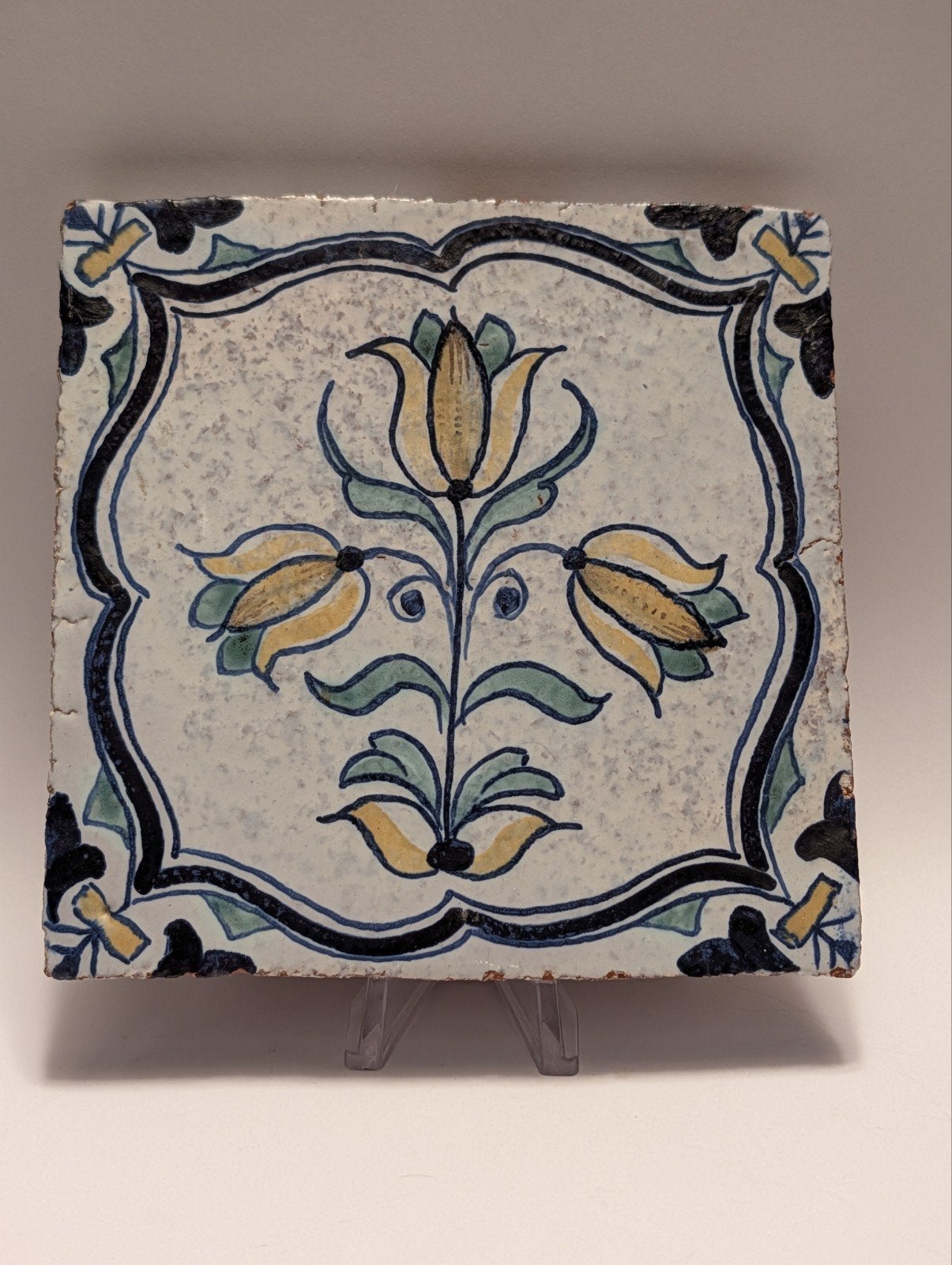 Kleurrijke Antieke Tegel – Barok Tulpenboeket / Floraal, Ophalen of Verzenden