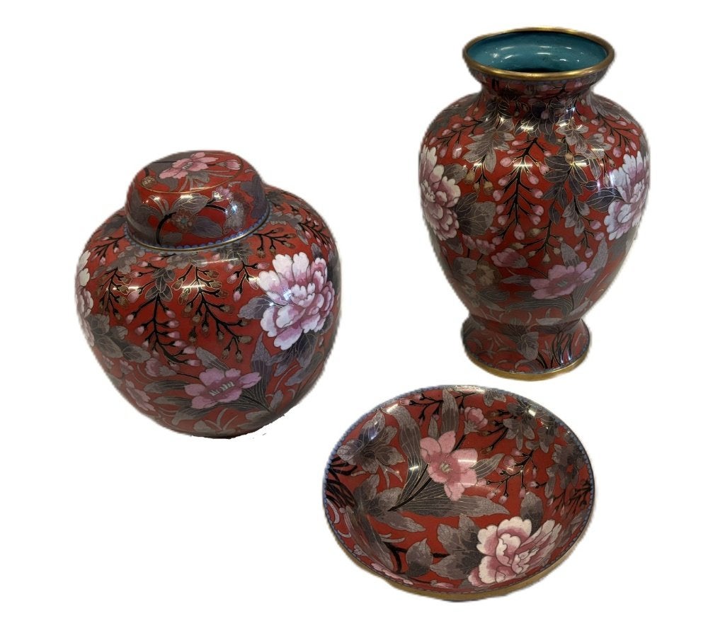 Vintage Chinees cloisonné set: vaas, pot en schaal, rood, Ophalen of Verzenden, China, Vaas, Metaal