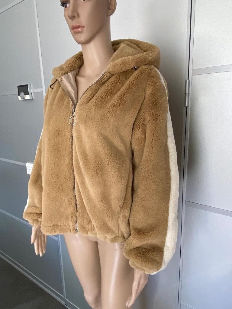K171 Teddy-jas maat XS/S=34/36 jasje bont vest bruin/beige, Bruin, Zo goed als nieuw, Maat 34 (XS) of kleiner, Bershka