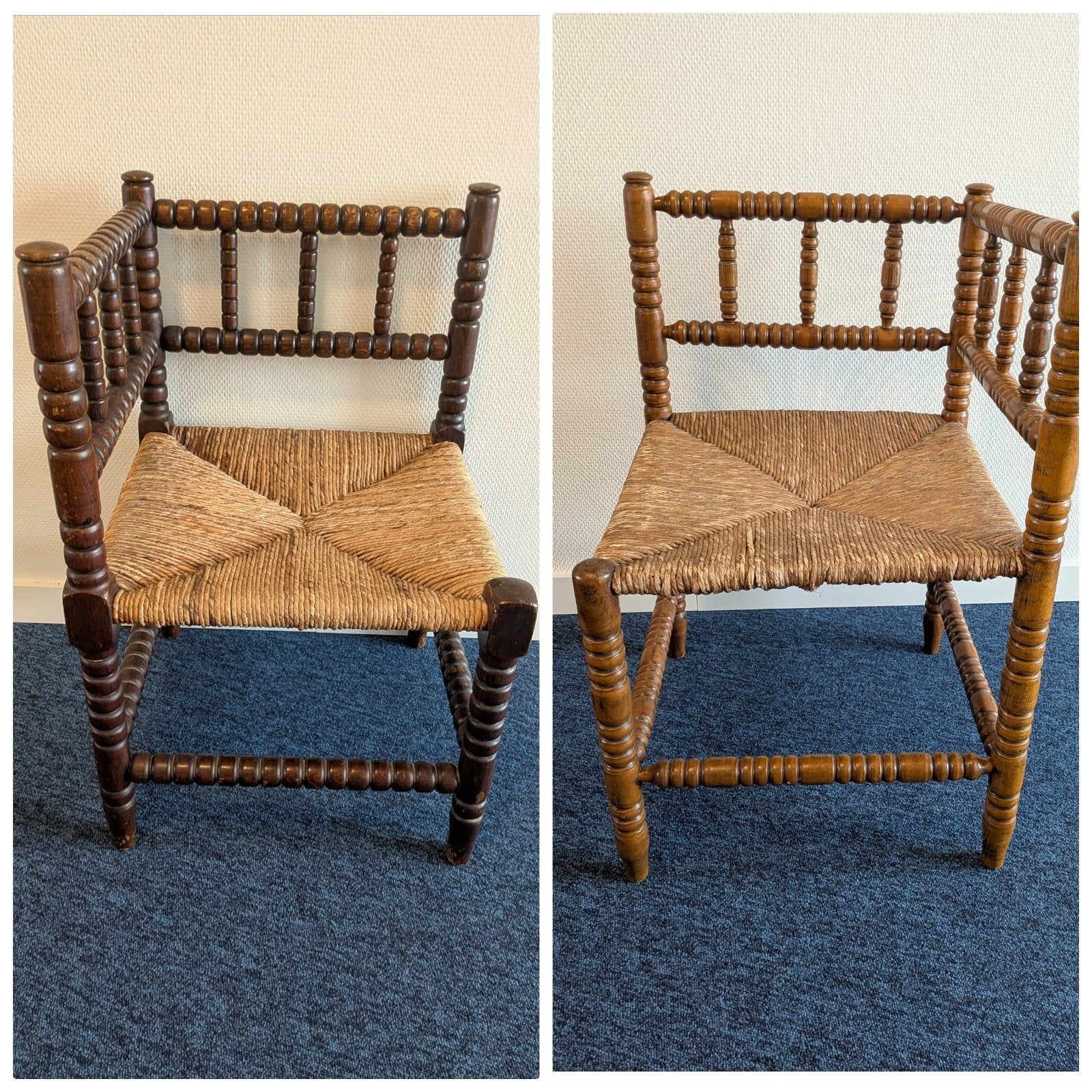 Twee hoekstoelen met biezen zitting, Ophalen