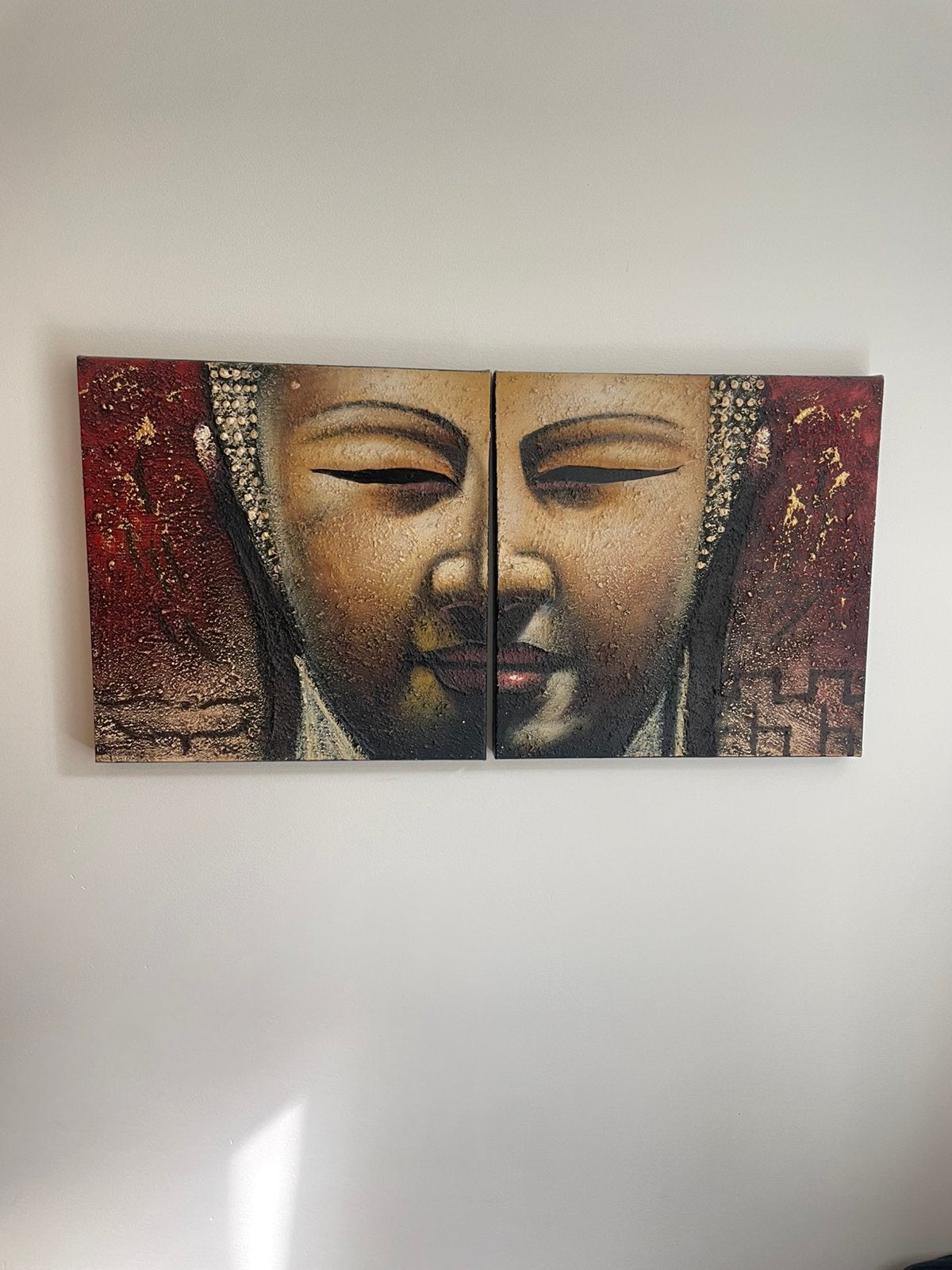 Boeddha canvas schilderij met structuur - tweeluik, Ophalen of Verzenden, Gebruikt