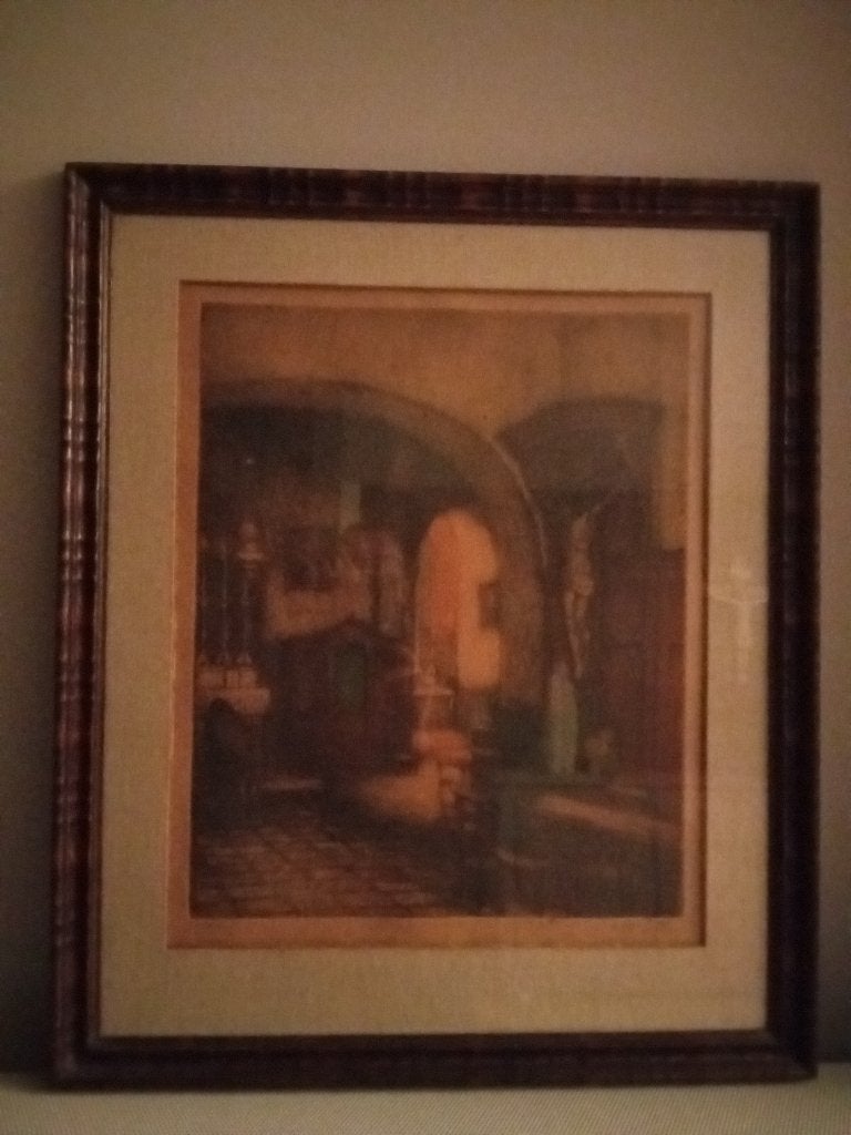 Ets  biddend in de sacristie van kunstenaar Albert Geudens, Antiek en Kunst, 73 cm, 1800 - 1899, Ets, Religie