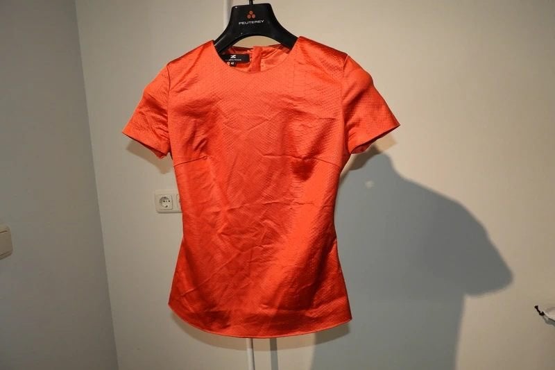 Elisabetta Franchi satijn achtige top warme tint rits hanger, Oranje, Korte mouw, Maat 36 (S), Gedragen