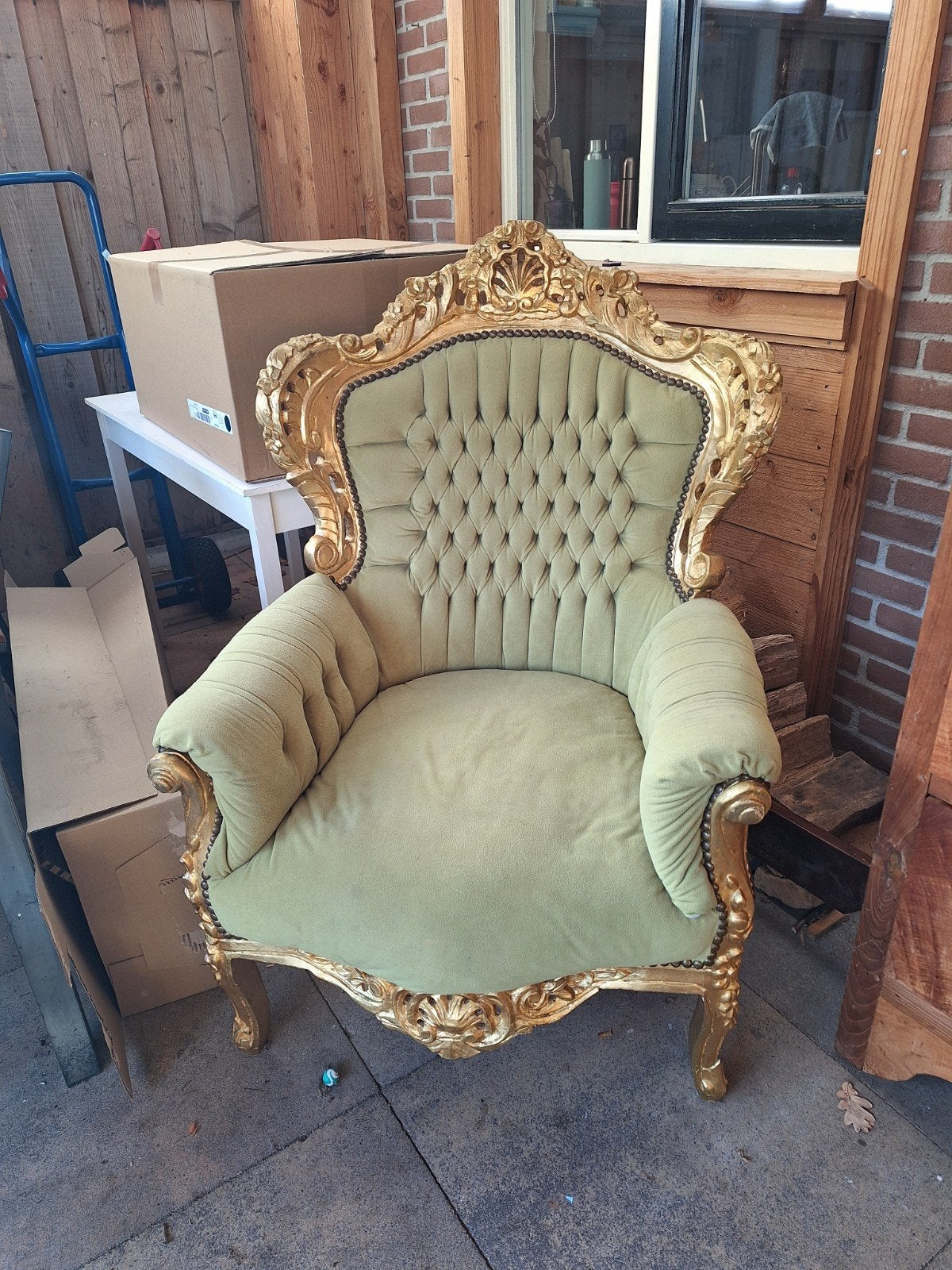 Fauteuil barok stijl goud met limegroene stof, Ophalen, Gebruikt, Overige kleuren, Eén