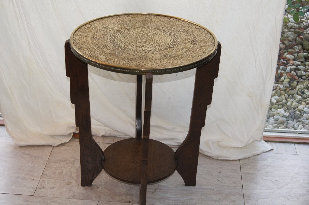 Tafel met messing blad ( Antiek, Ophalen of Verzenden