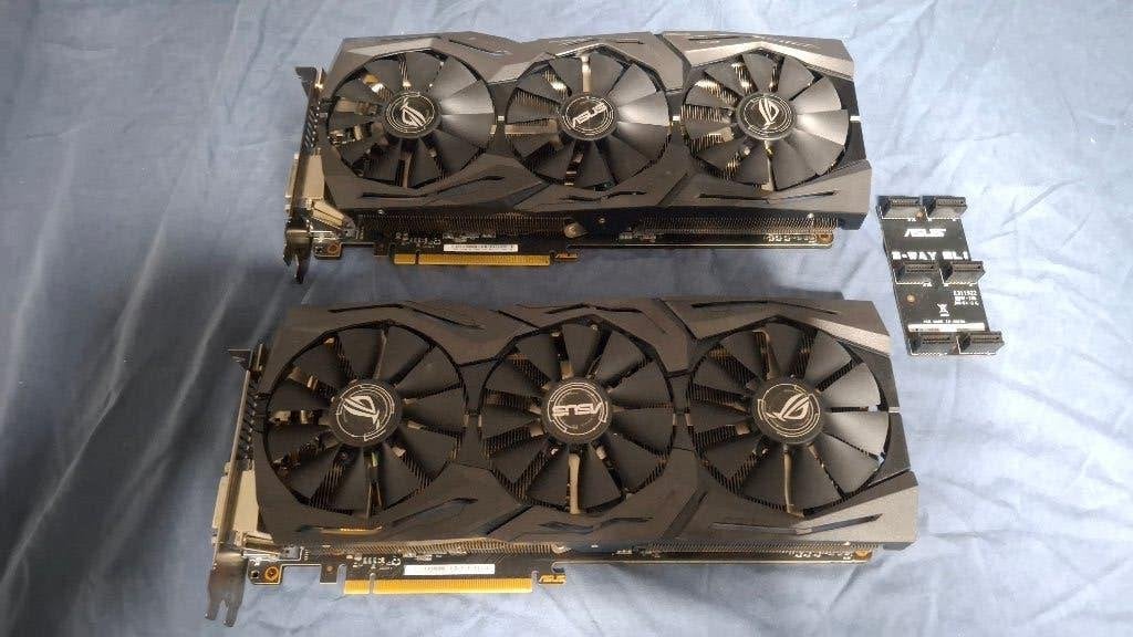 (2x) ASUS ROG Strix GeForce GTX 1080 8GB + SLi bridge, PCI-Express 3, Gebruikt, HDMI, Ophalen of Verzenden