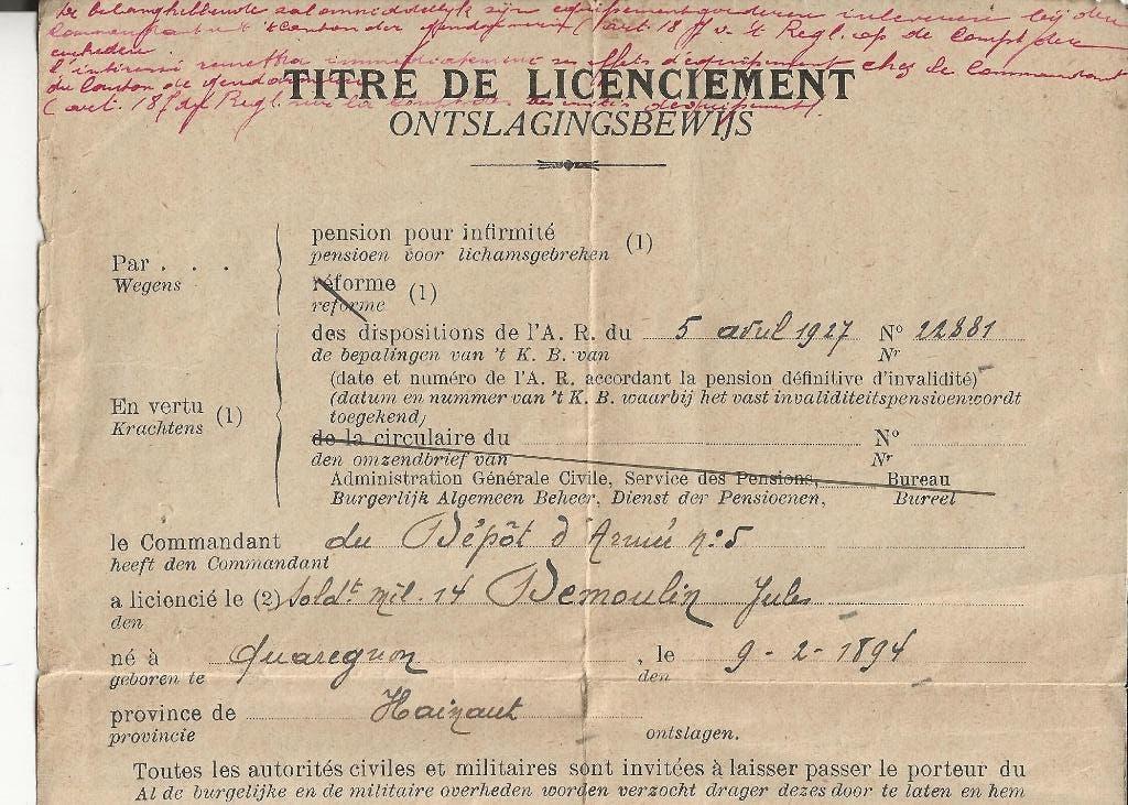 Brussel Ontslagbewijs Jules Dumoulin Soldaat 5 april 1927, Ophalen of Verzenden, 1920 tot 1940, Gelopen, België en Luxemburg