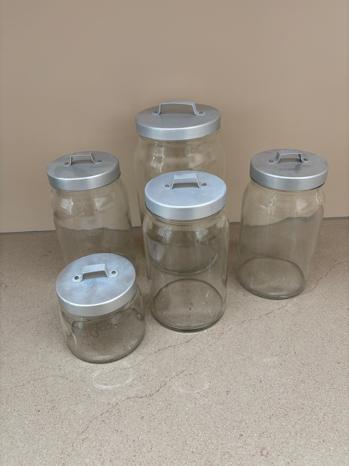Set van 5 glazen voorraadpotten met aluminium deksels, Zilver, Ophalen of Verzenden, Voorraadpot, Overige merken