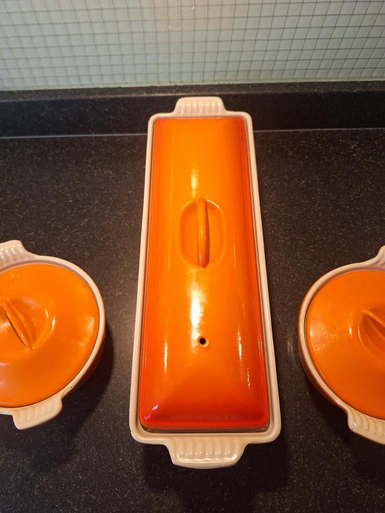 Vintage Le Creuset Ovenschalen Set - Oranje, Ophalen of Verzenden, Gebruikt, Gietijzer, Overige typen