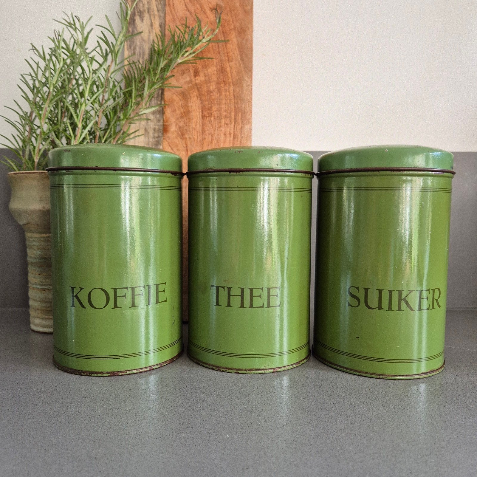 Vintage Groene Voorraadbussen Set (Koffie, Thee, Suiker), Ophalen of Verzenden