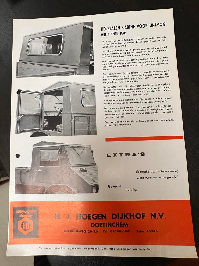Oude folder jaren '60: HD-Stalen Cabine voor Unimog, Ophalen of Verzenden, Zo goed als nieuw, Overige typen