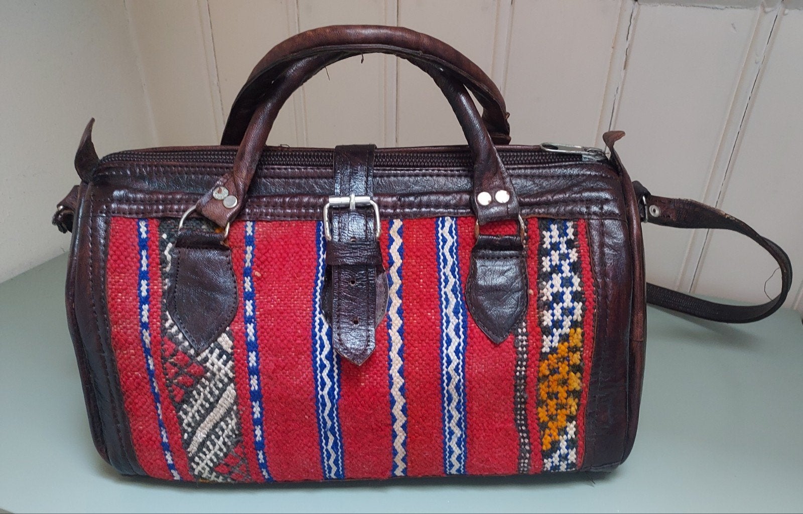 Unieke handtas van leer en kelim - etnische stijl, Ophalen of Verzenden, Zo goed als nieuw, Bruin, Handtas