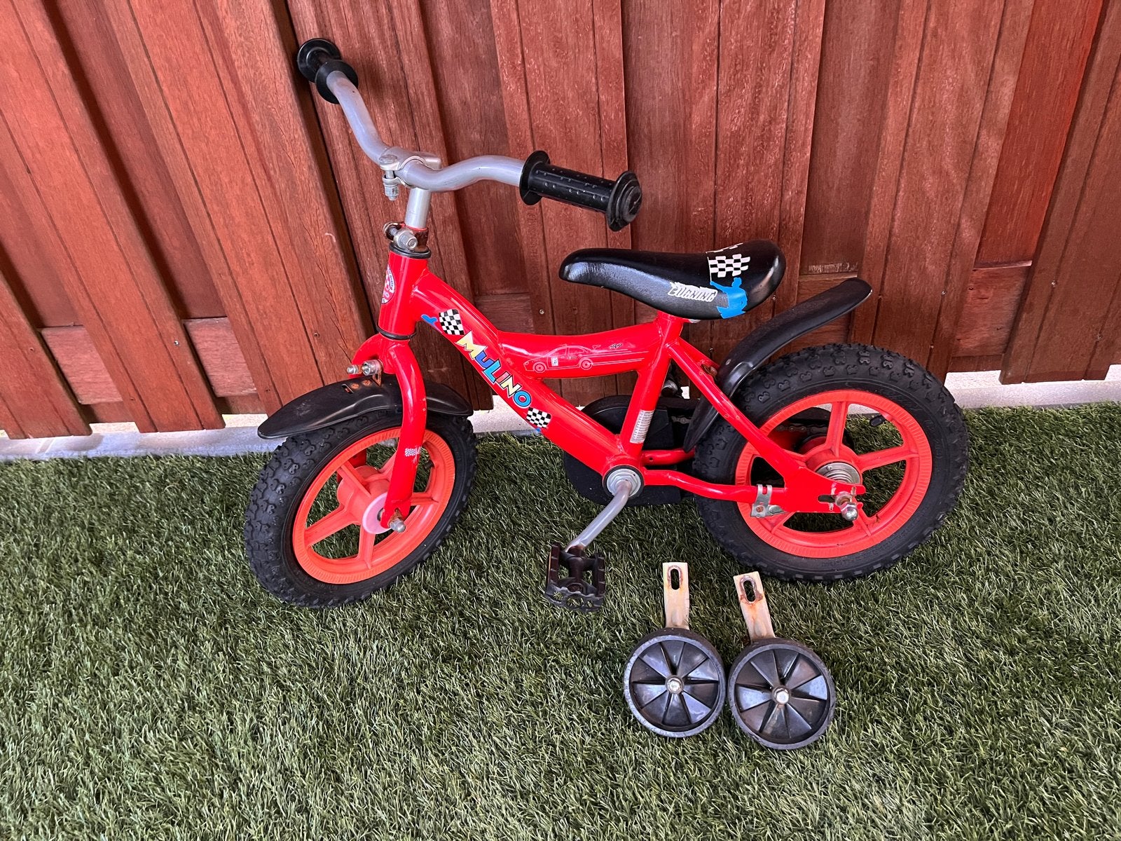 Mulino kinderfiets 12 inch met zijwieltjes - Opknapper, Ophalen, Gebruikt, Minder dan 16 inch, Zijwieltjes