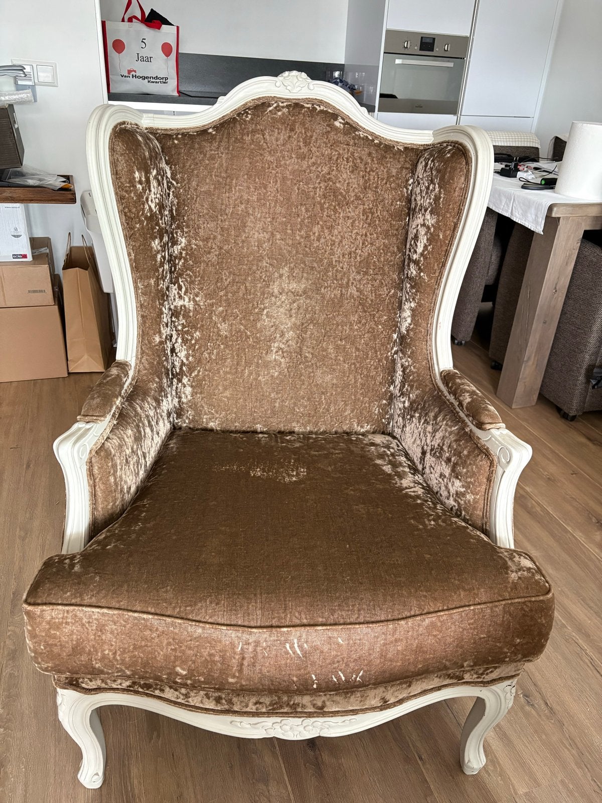 Vintage Barok Fauteuil - Bruin Velours met Wit Hout, Huis en Inrichting, Ophalen, Bruin, Zo goed als nieuw, Eén