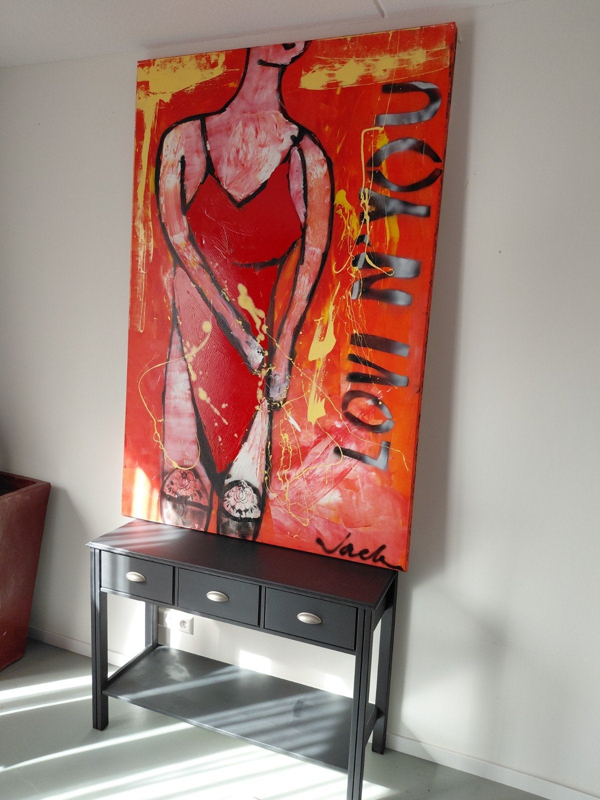 Schilderij Jack Liemburg- Vrouw in rode jurk (120x180 cm), Ophalen, Gesigneerd, Textiel, Figuren