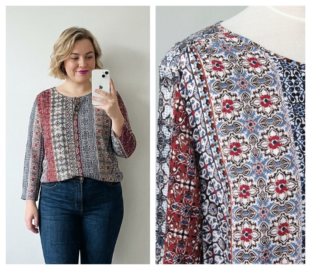 Peter Hahn - prachtige blouse rood blauw - maat 44, Maat 42/44 (L), Zo goed als nieuw, Peter Hahn, Meerkleurig