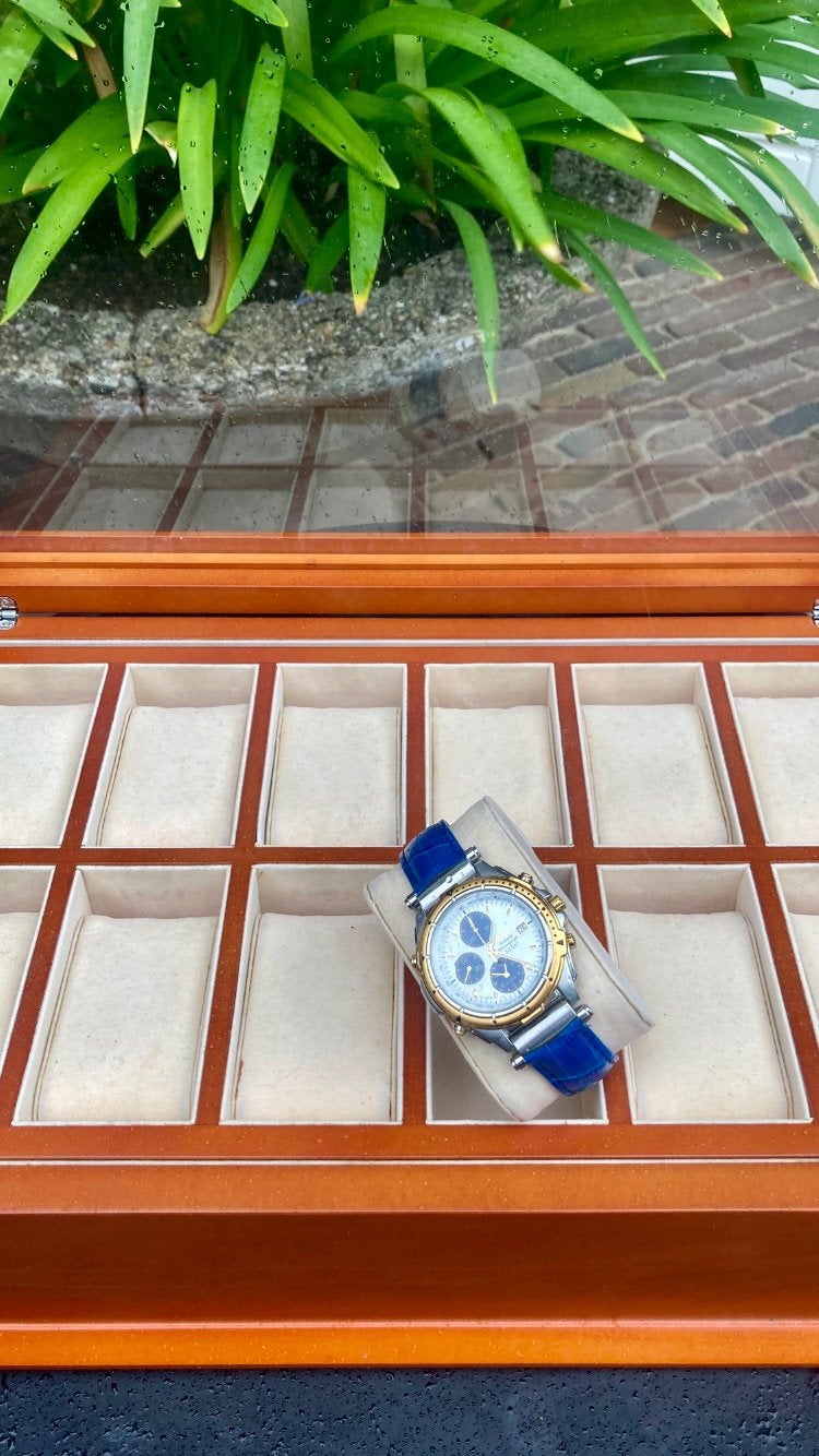 Mahonie Houten Horloge Box met Seiko SQ 100 Polshorloge, Ophalen, Seiko, Staal, Met bandje