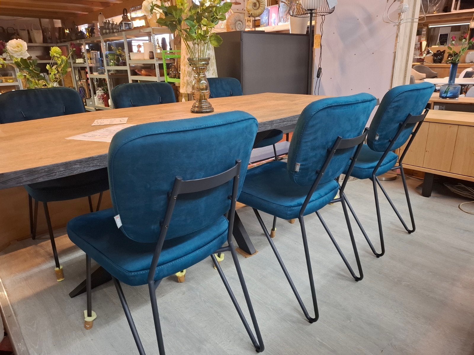 6 Nieuwe stoelen, kleur Teal, zwart frame + greep June Xooon, Huis en Inrichting, Ophalen, Blauw, Nieuw, Metaal