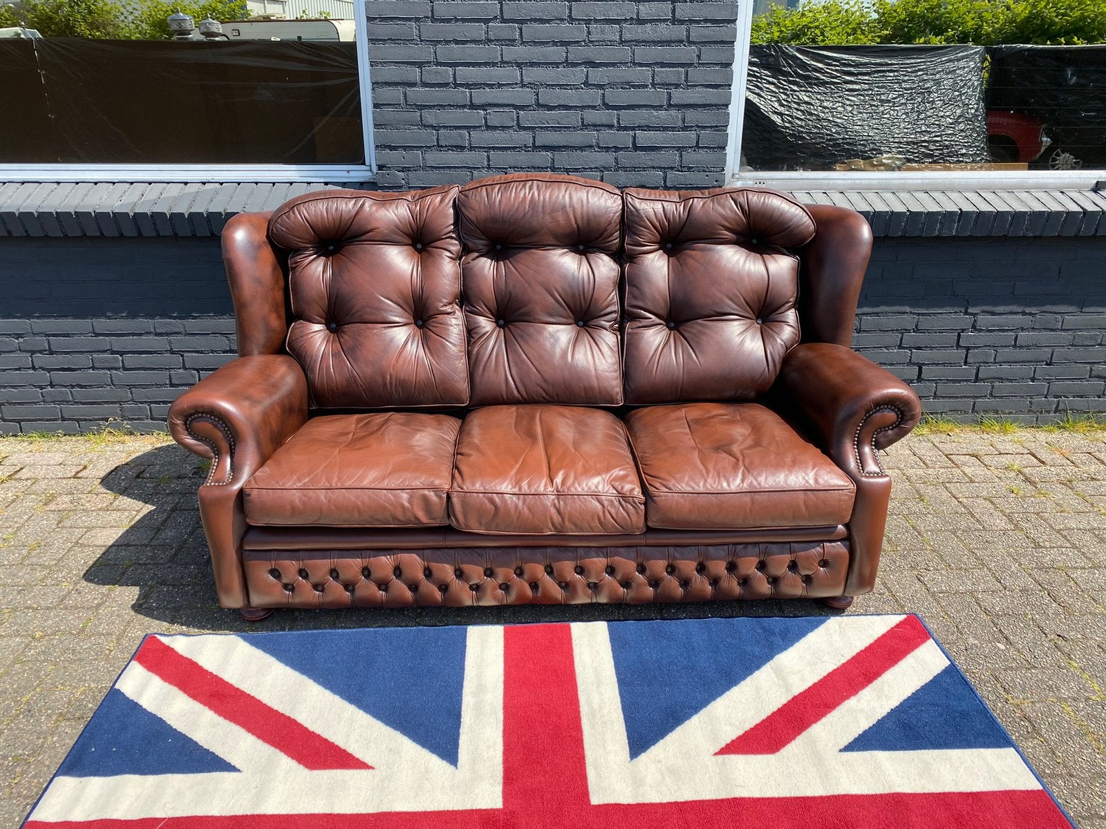 Springvale Chesterfield bank bruin gevlamd hoge rug, Ophalen, Zo goed als nieuw, Rechthoekig, Leer