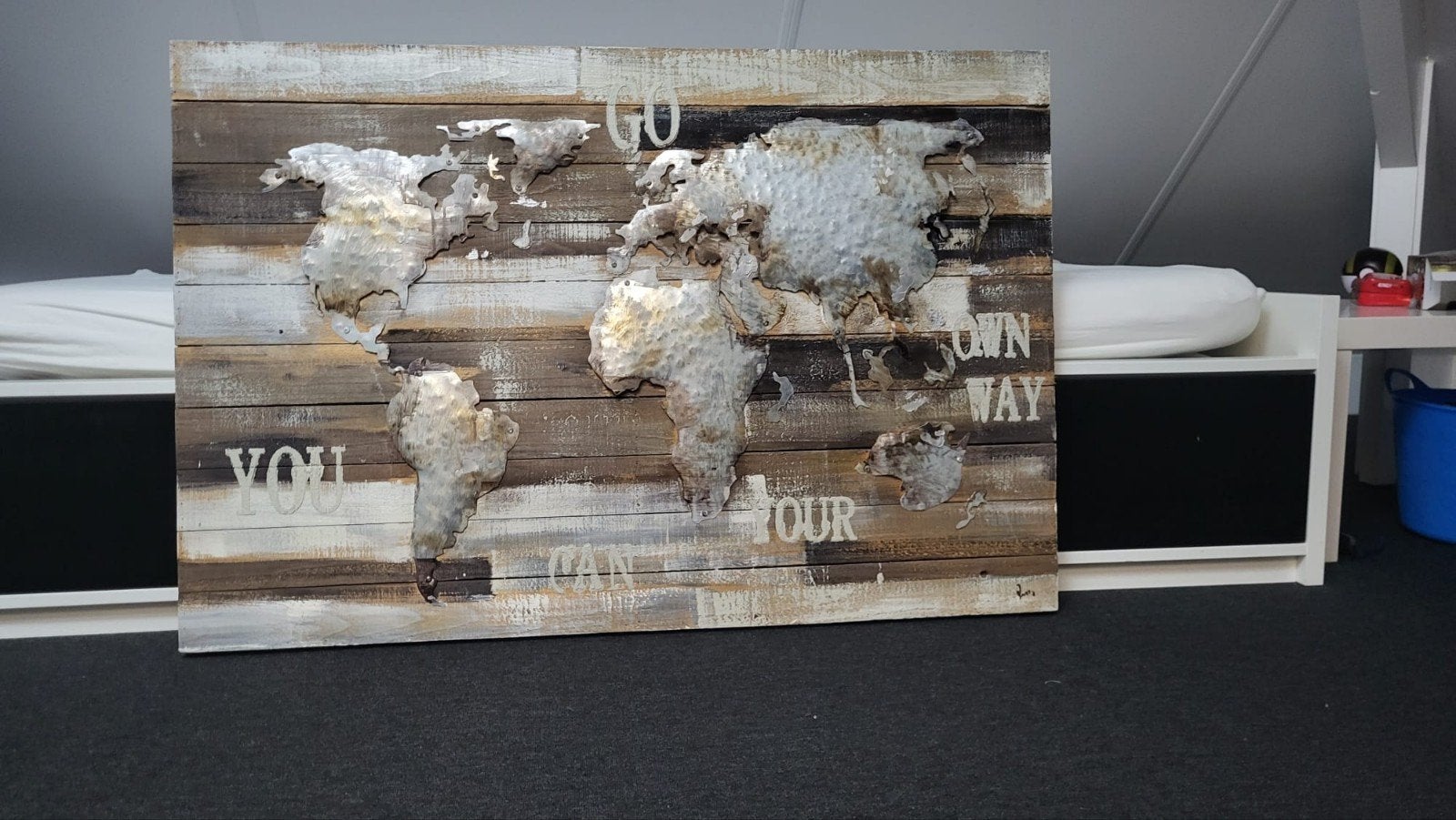 Wanddecoratie Wereldkaart Hout en Metaal - "Go Your Own Way", Ophalen, Gebruikt, Industrieel, Hout