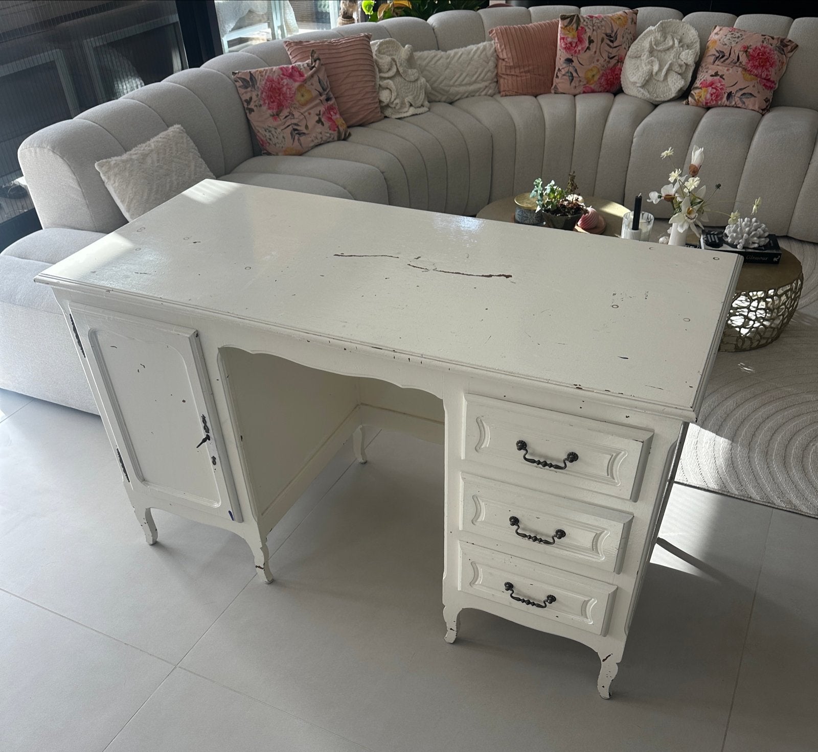 Brocante wit bureau met lades en opbergruimte, Ophalen, Overige typen, Gebruikt, Vintage