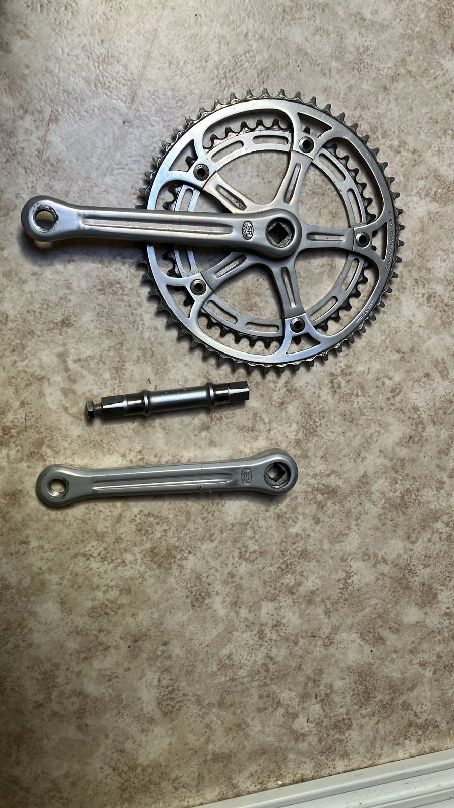 SR vintage cranck set met Campagnolo tandwiel, Crankstel of Pedalen, Gebruikt, Ophalen of Verzenden, Aluminium
