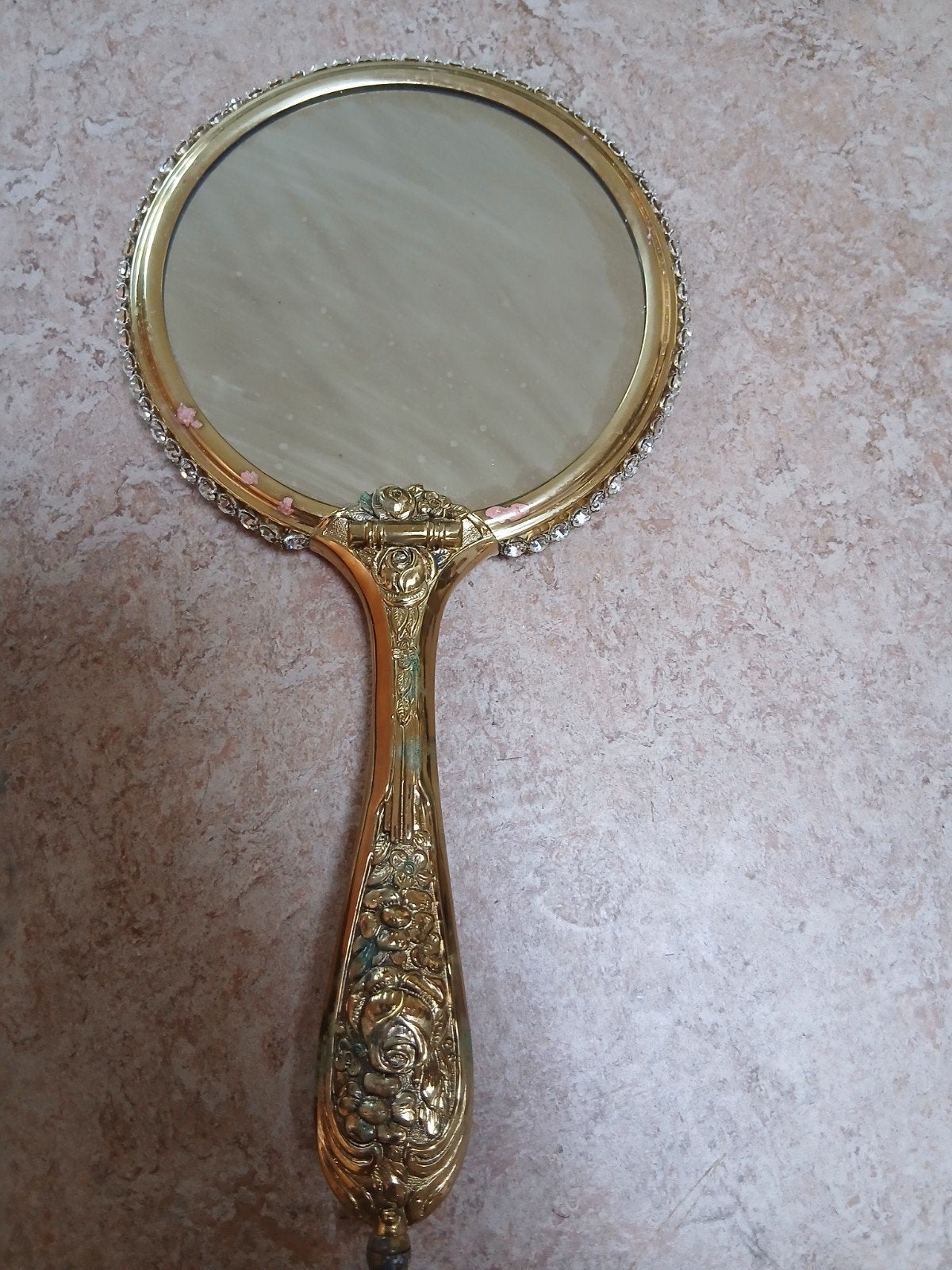 Goudkleurig handspiegel, glas steentjes - Spritzer & Fu, Ophalen, Rond