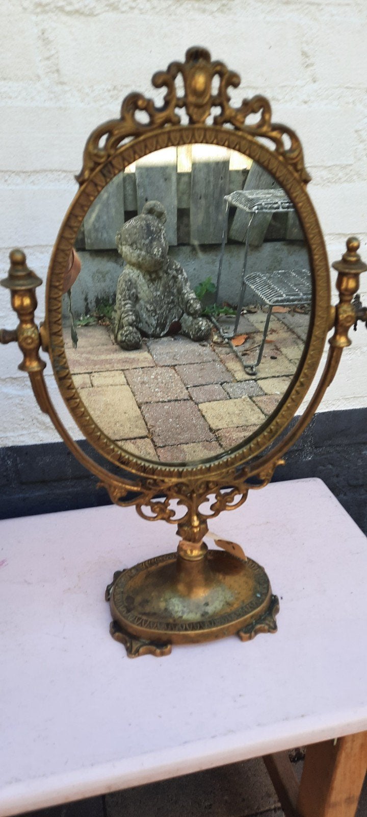 Antieke Bronzen Spiegel - Ovaal, Antiek en Kunst, Ophalen of Verzenden, Ovaal, Minder dan 50 cm, Minder dan 100 cm