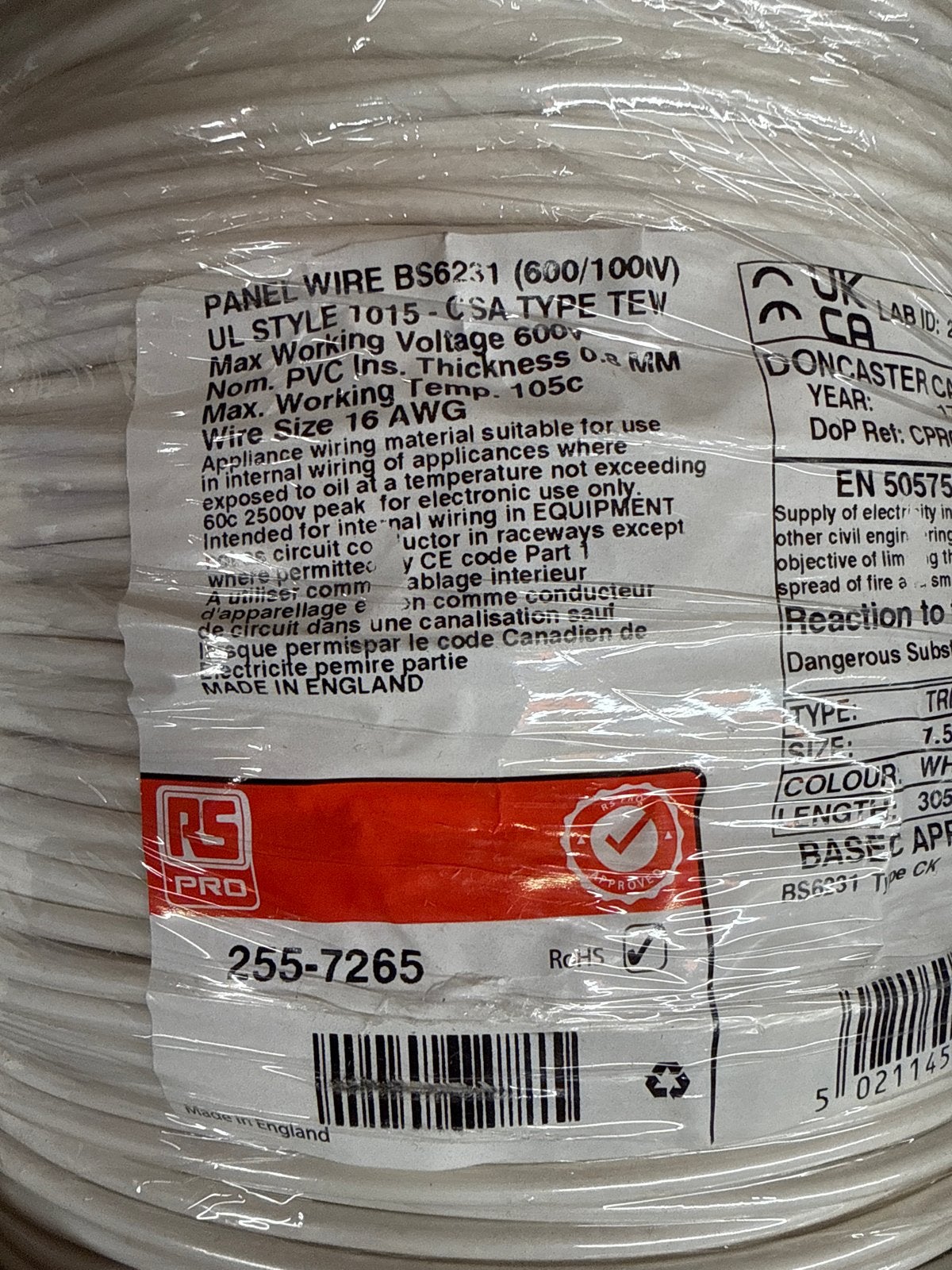 Panel Wire 1.5mm² - 305 meter - Wit, Overige merken, Nieuw, Ophalen of Verzenden, Kabel of Snoer