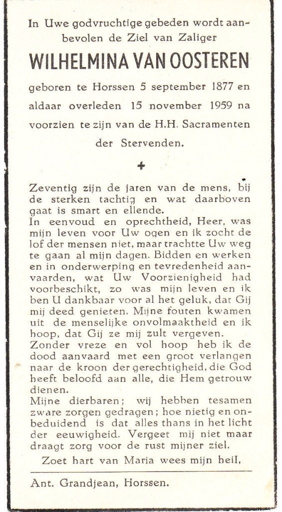 Horssen 1877 - 1959 Wilhelmina van Oosteren, Ophalen of Verzenden, Bidprentje