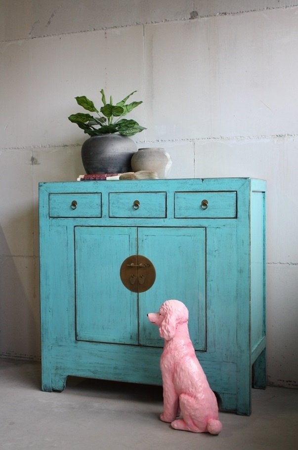 Chinese Blauwe Kast Uniek Kleurrijk Dressoir Vintage Style, 100 tot 150 cm, Kleurrijk Uniek Boho Landelijk Stoer Vintage Look Oosters Ibiza