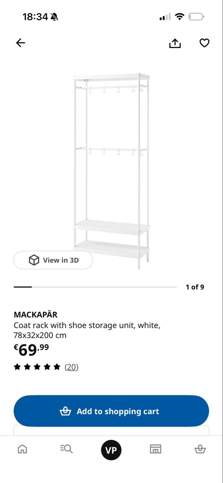 IKEA Mackapär kapstok met schoenenrek, wit, Ophalen, 200 cm of meer, Zo goed als nieuw, Metaal