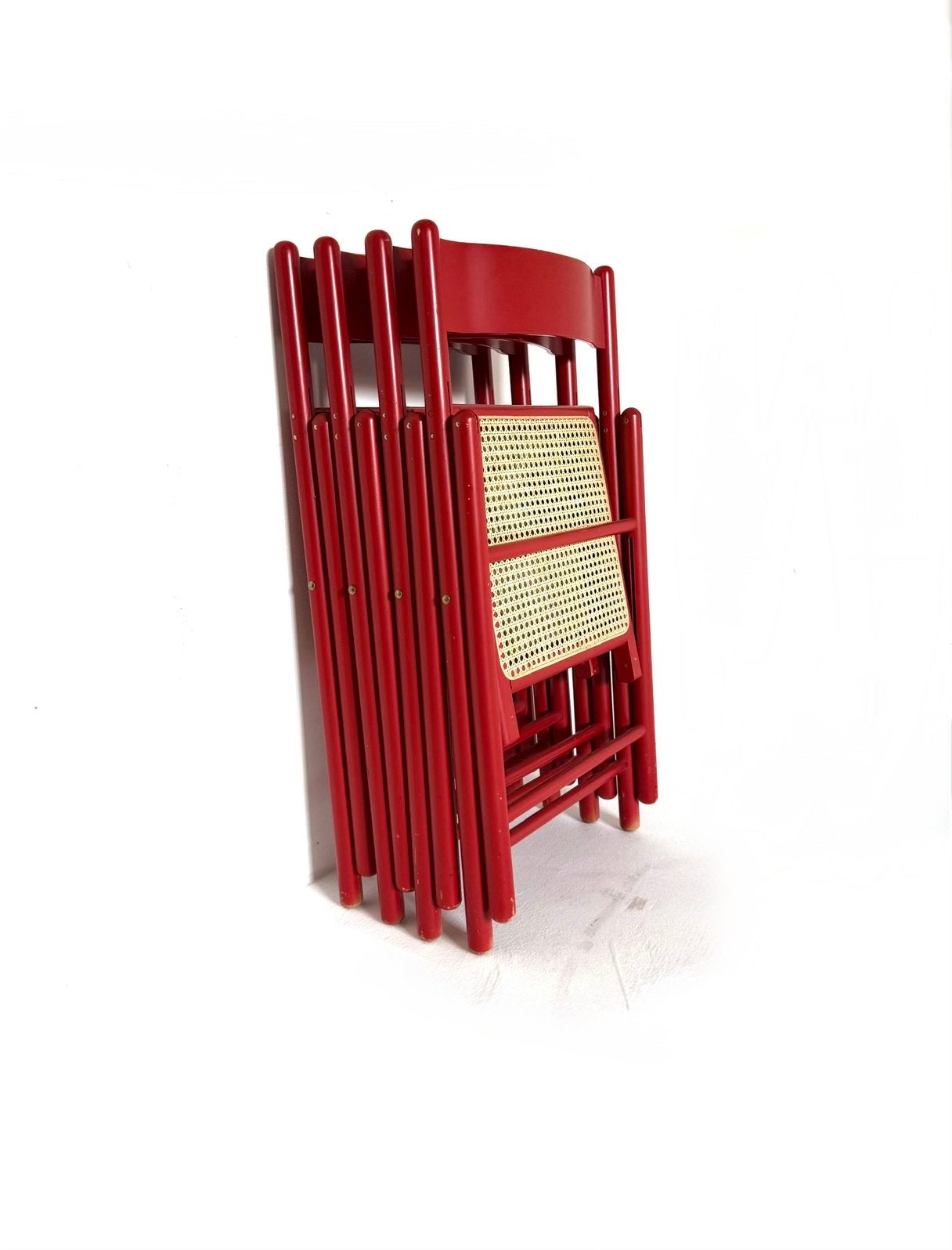 Set van 4 vintage webbing klapstoelen, Italië ‘70, Gebruikt, Vintage retro buisframe design rotan webbing papercord deens, Vier