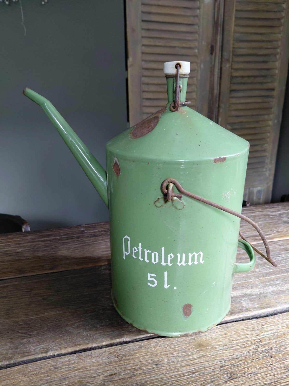 Oude, brocante, emaille petroleumkan, Ophalen of Verzenden