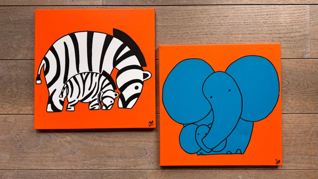 Set van 2 schilderijen: Zebra en Olifant met baby (40x40cm), Ophalen, Wanddecoratie