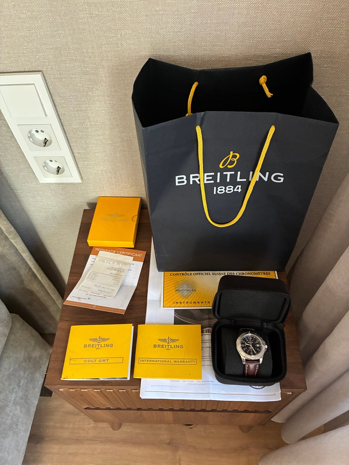 Breitling Colt GMT A32350 - Volledige set, recent onderhoud, Ophalen, Leer, Staal, Breitling