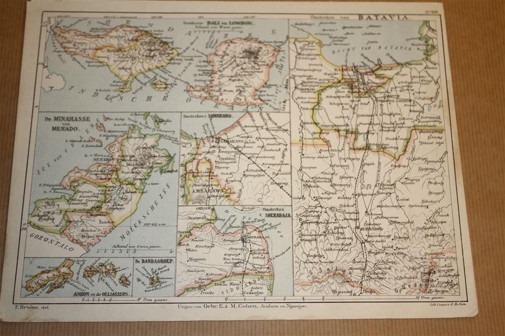 Antieke kaart - Batavia, Bali, Lombok etc- Bruins 1895 !!, Gelezen, Ophalen of Verzenden, Landkaart, 1800 tot 2000