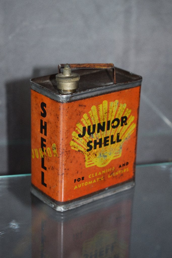 zeldzame antiek olie blik junior shell 1930, Verzamelen, Merken en Reclamevoorwerpen, Ophalen of Verzenden, Gebruikt, Reclamebord