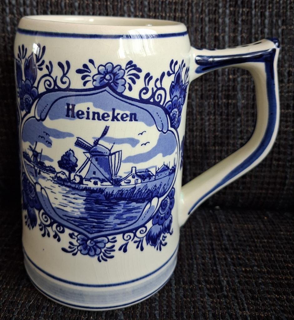 Delfts blauwe Heineken bierpul met molen en zeilschip, Ophalen of Verzenden