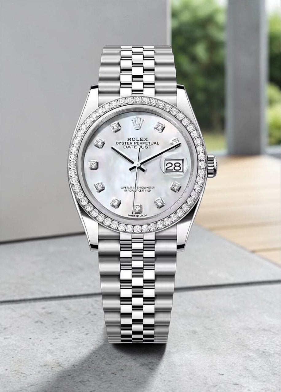 Rolex Datejust 36 met Factory Mother of Pearl & Diamanten, Ophalen of Verzenden, Zo goed als nieuw, Jongen of Meisje