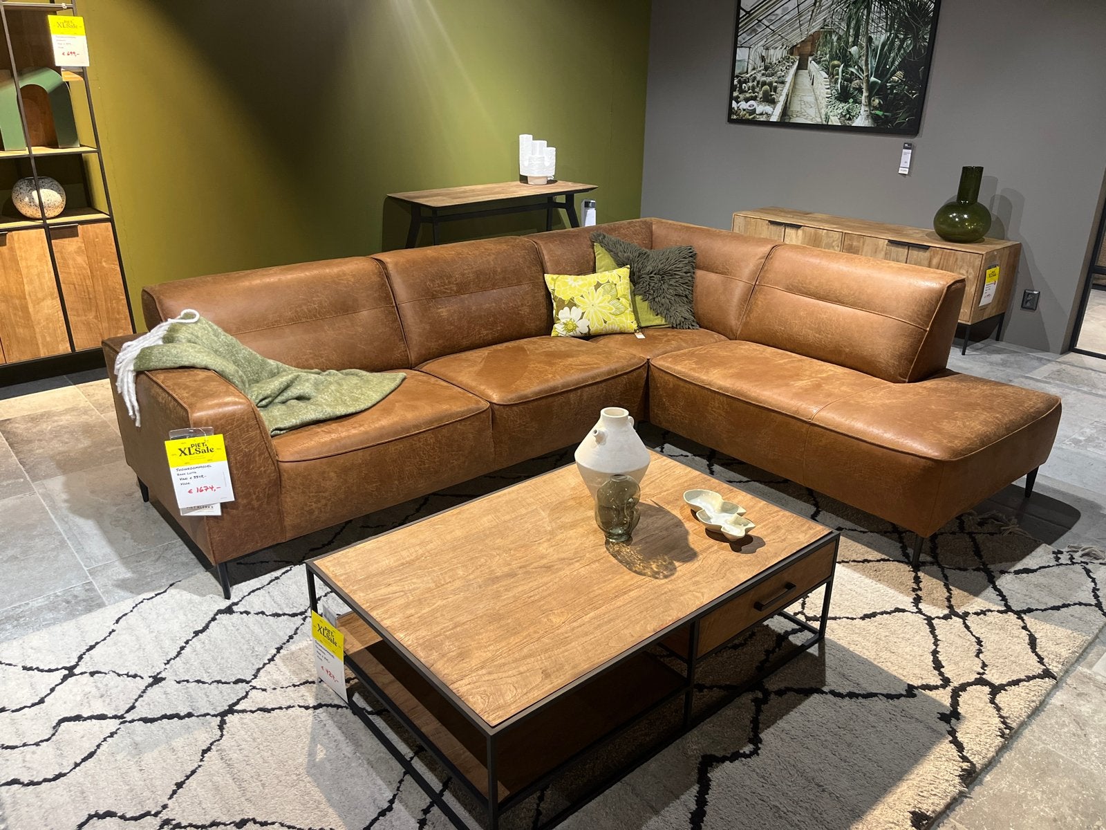 Microleder Hoekbank pet klerkx - Camel - Showroommodel, Ophalen, Zo goed als nieuw, Leer