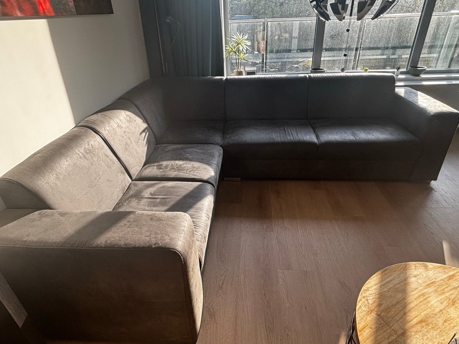 Donkergrijze hoekbank 225x270, Ophalen, Gebruikt, 100 tot 125 cm, Hoekbank