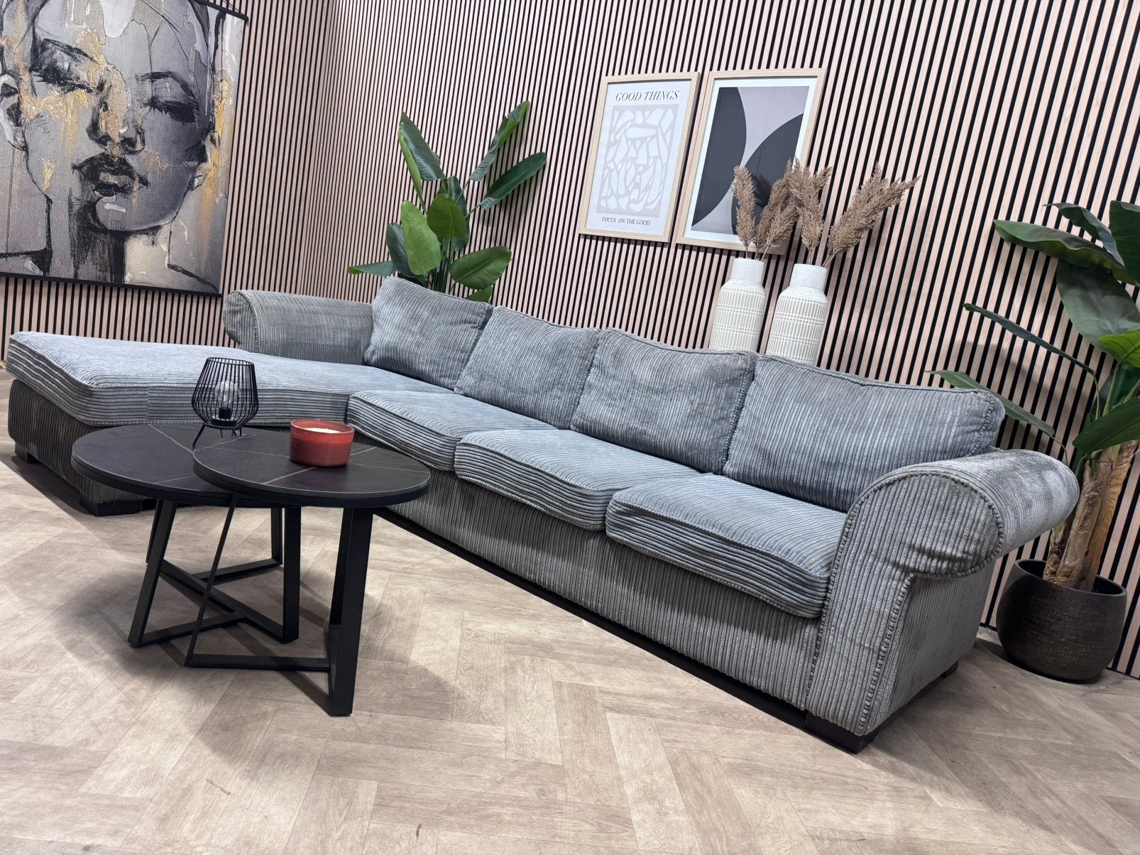 Ribstof Hoekbank - Grijs - 330 x 175, Huis en Inrichting, Banken | Bankstellen, Ophalen, Ribstof hoekbank modern loungebank ribbel ribcord